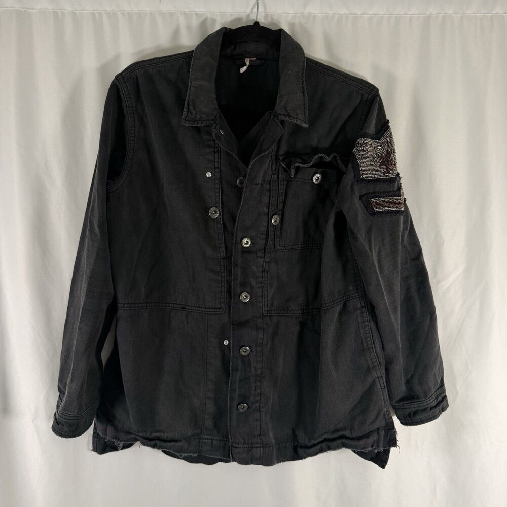 Free People Jacket Women's Small Black Button Up Beaded Eagle Sleeve Pockets